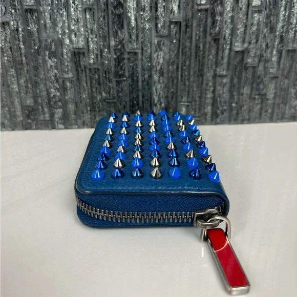 💙Christian Louboutin Panettone Blue Leather Multi Stud Spike Zip Wallet - Picture 3 of 14